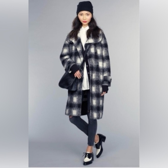 BANANA REPUBLIC Double Breasted  Plaid Cocoon Coat Italian Wool Blend Sz Medium - Picture 1 of 16